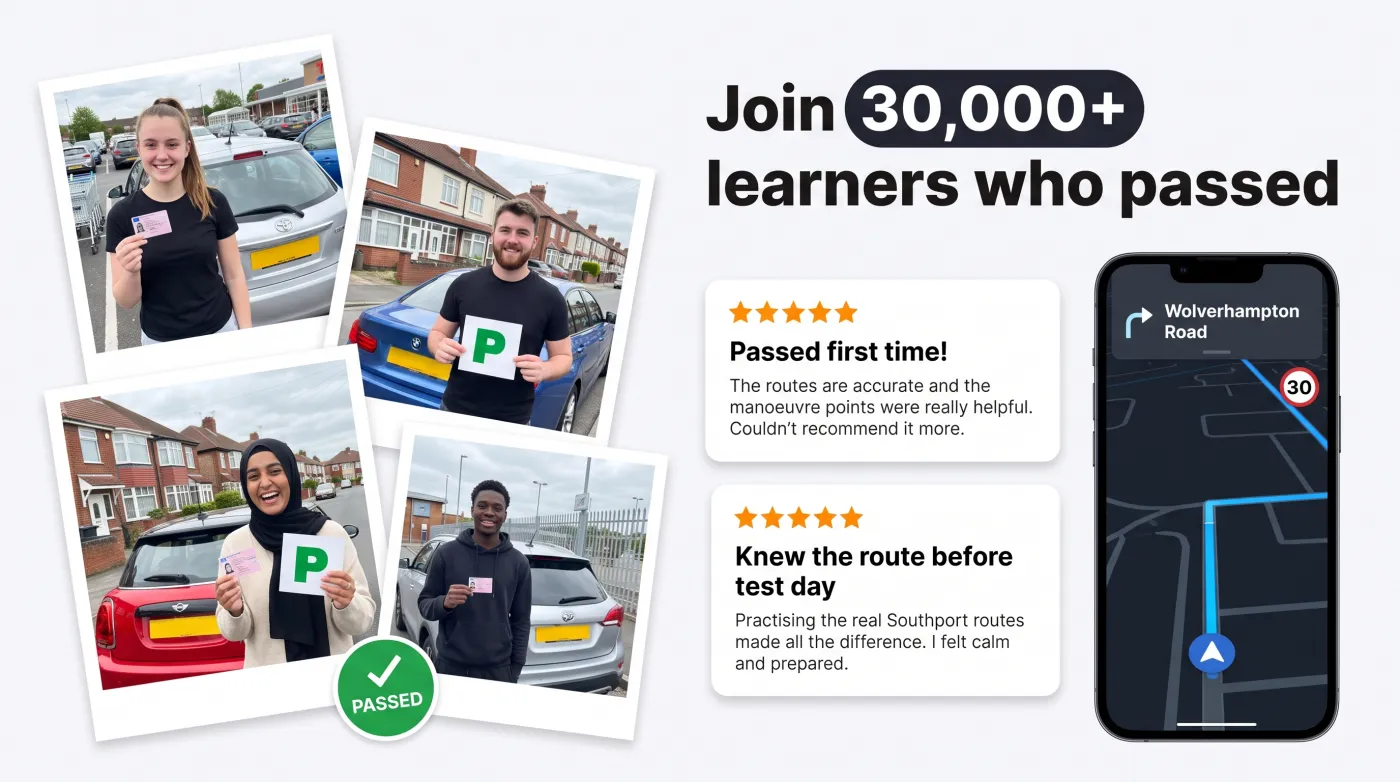 Learner drivers holding UK photocard licences and green P plates after passing, beside Driving Test Routes App UK showing a mapped test route
